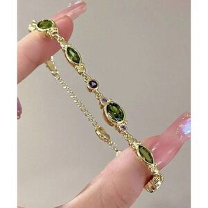 Gold Gemstone Link Bracelet Smlated Peridot & Amethyst Crystal Multicolor Charm